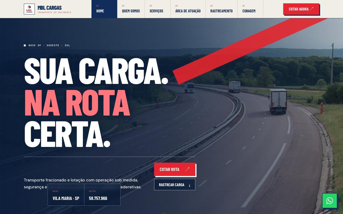 Página inicial do site da MBL Cargas no computador