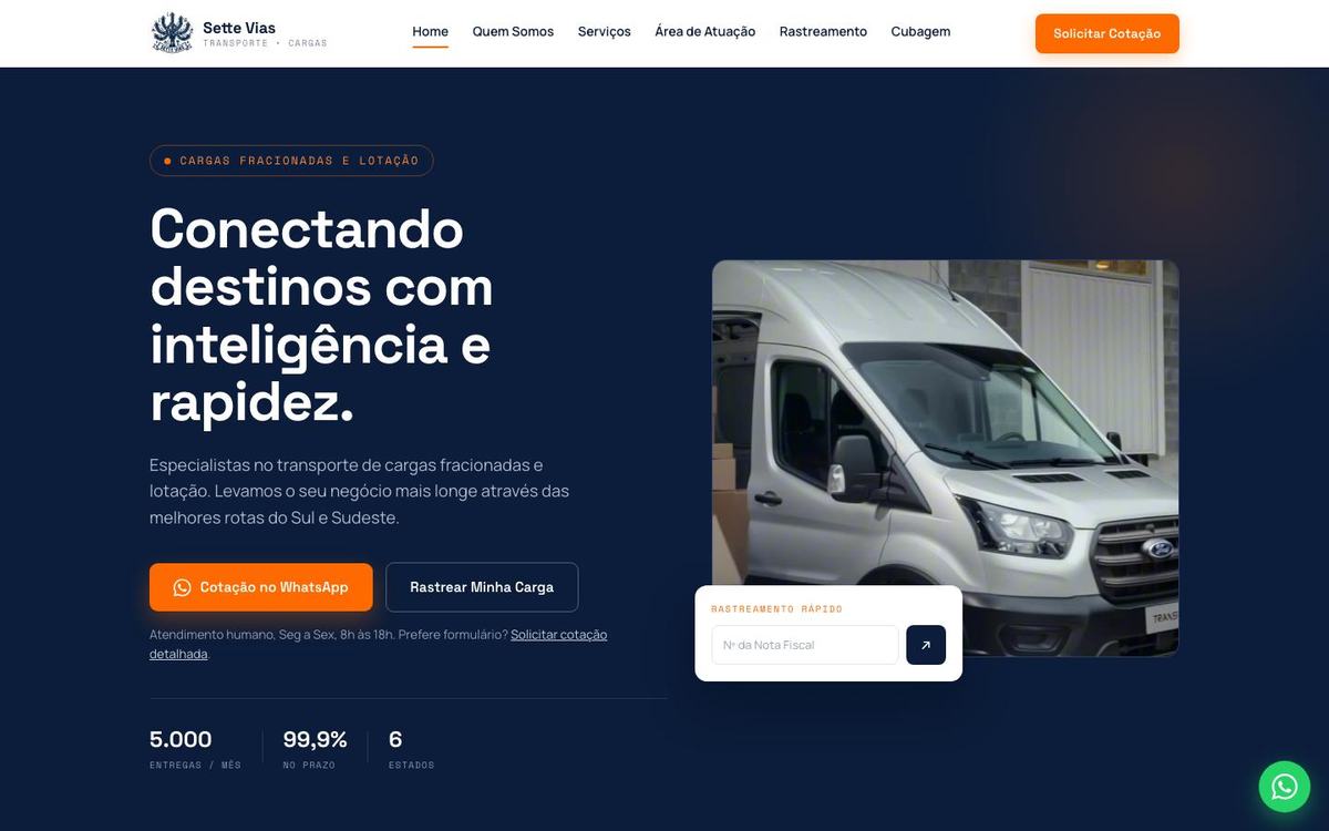 Página inicial do site da Sette Vias no computador